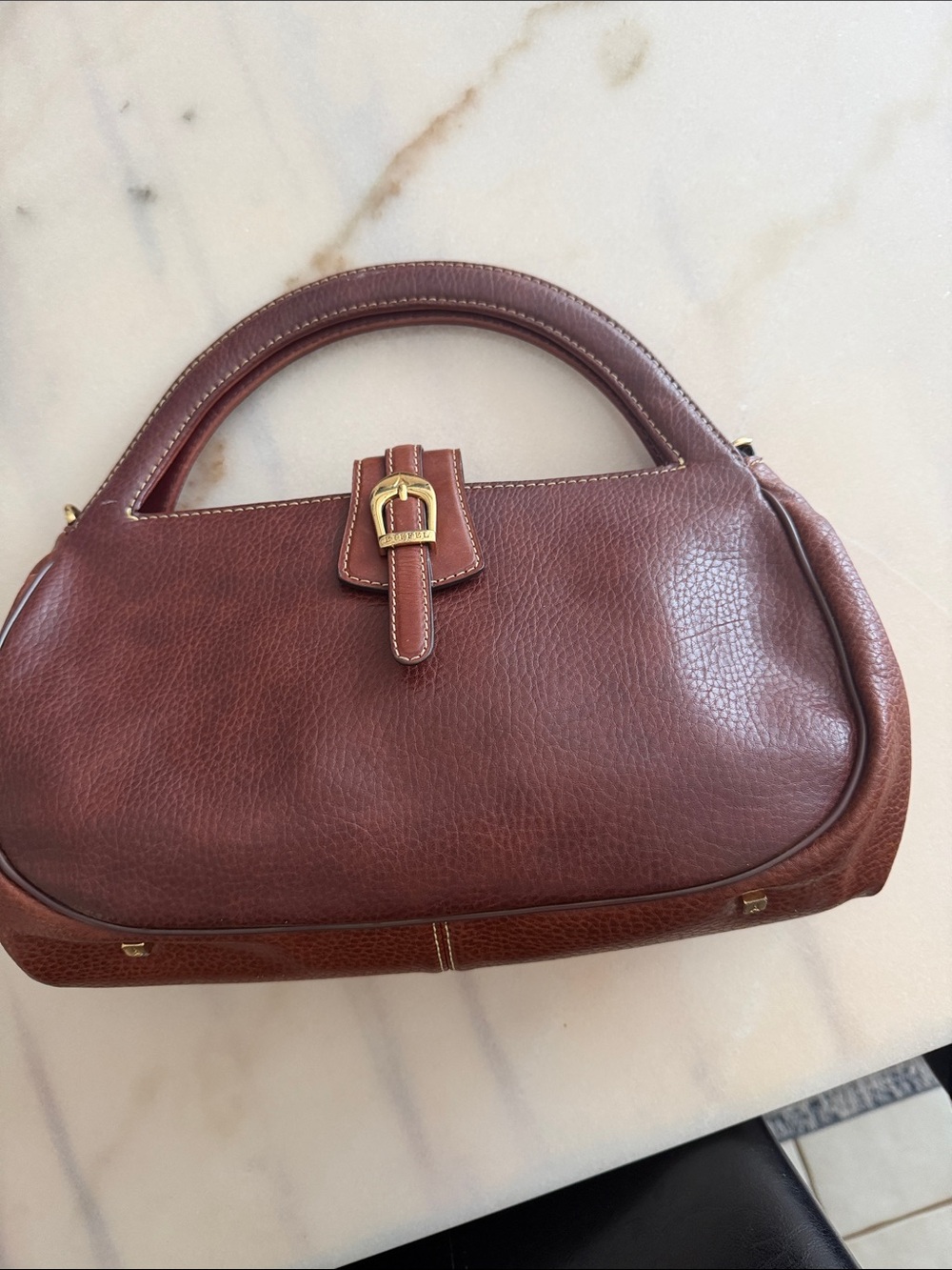 Structured Top-Handle Shoulder Bag in Brown Leather